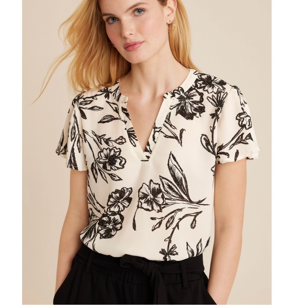 Maurices Cream Floral Split-Neck Blouse with Black Sketch Print